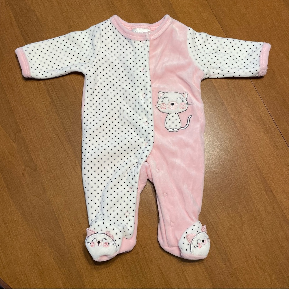Vintage Kitten Pink & White Polka Dot Newborn Velour One Piece Footie Sleep Play